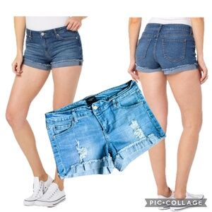 Celebrity Pink Distressed Mid-Rise Fringe-Cuff Denim Shorts – Size 9 / 29